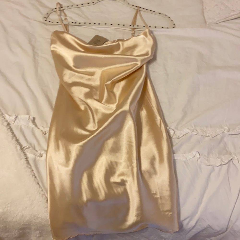 cow neck champagne satin mini dress